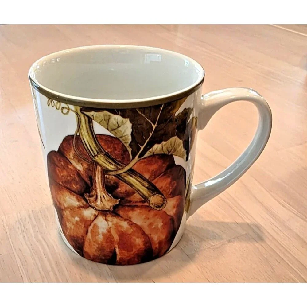 WILLIAMS-SONOMA LARGE COFFEE MUG SQUASH/ FLOWER MOTIF 4”